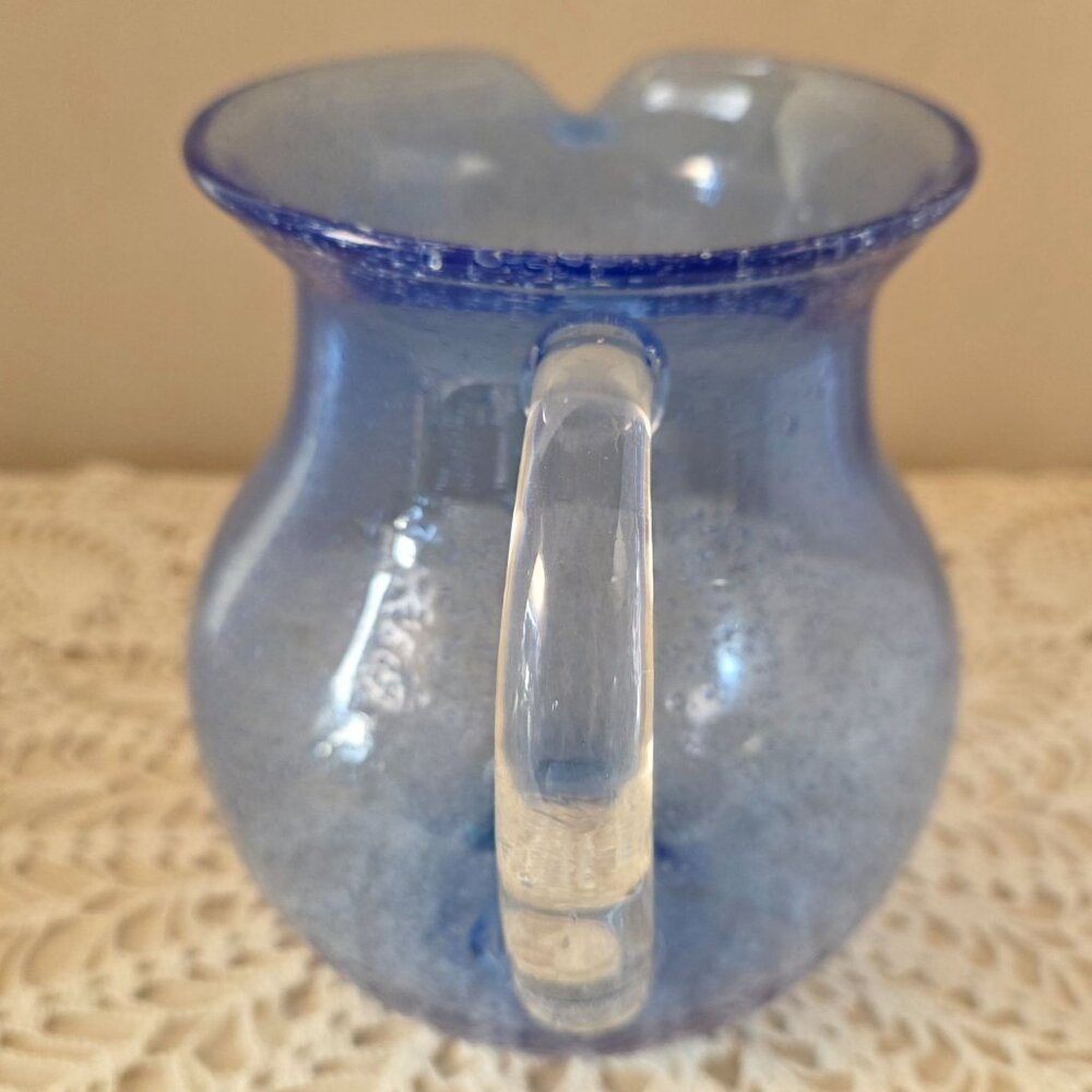 Vintage Cobalt Handblown Bubble Glass Pitcher With Clear Applied Handle - Picture 10 of 16